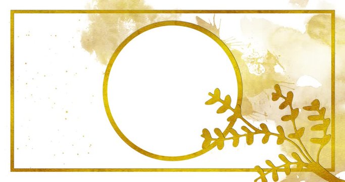 Animation of a gold frame with a gold circle in the center and plants