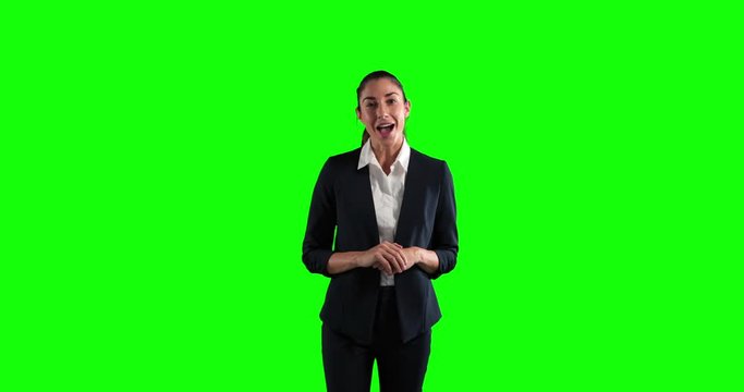 Animation of a woman in suit talking in a green background