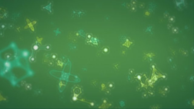 Animation of molecules and chemical elements floating on green background