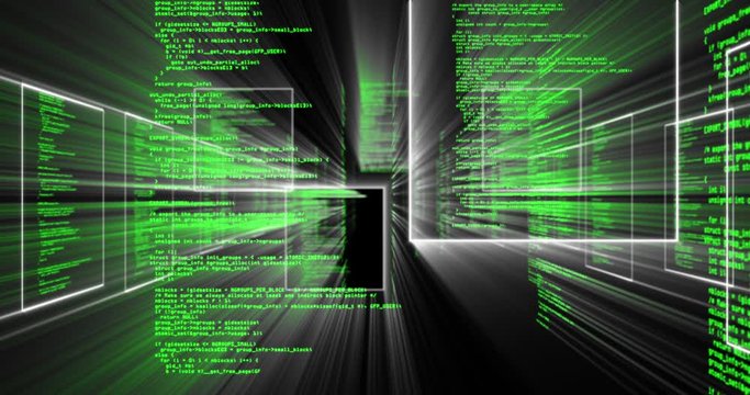 Animation of digital information and white square on black background