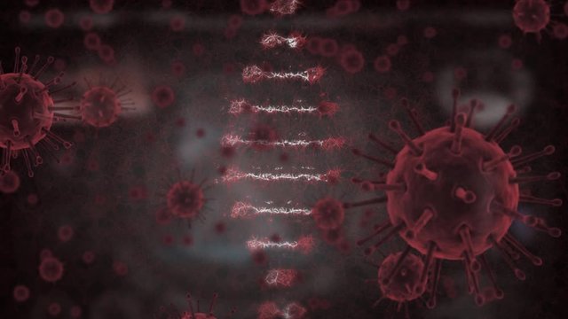 Animation of molecules macro Covid19 cells and a DNA strain floating on black background