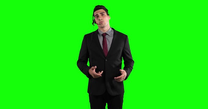 Animation of a man in suit wearing an earpiece and talking in a green background