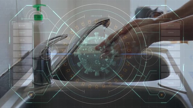 Animation of macro Covid-19 cell with scope scanning over a person washing hands