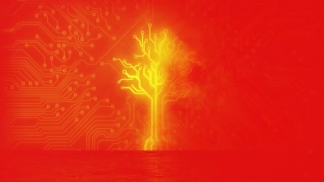 Animation of a yellow, neon tree with microprocessor connections on red background