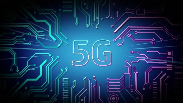 Animation of a word 5G and microprocessor connections on blue background
