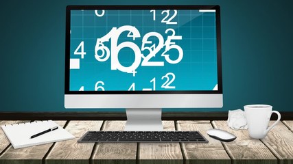 Animation of a computer monitor showing floating changing number on the screen - Powered by Adobe