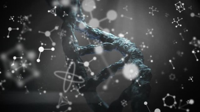 Animation of molecules chemical elements and DNA strain floating on black background
