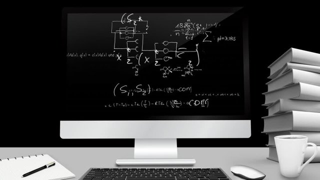 Animation of a computer monitor with mathematics equations floating on the screen