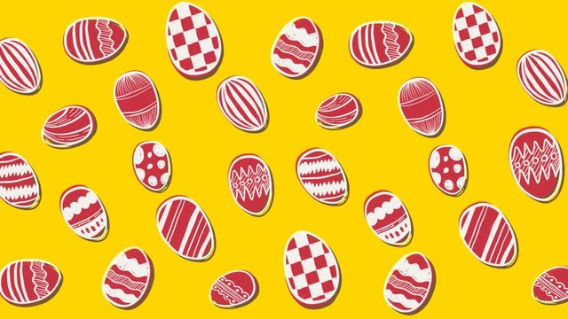 Animation of patterned Easter eggs moving in rows on yellow background