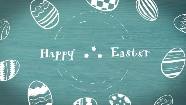 Animation of the words Happy Easter written in white with white Easter eggs bunny