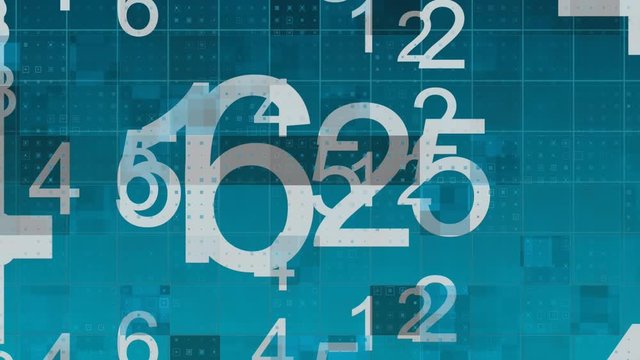 Animation of white, changing numbers floating on blue background
