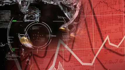 Animation of scope scanning and coins falling into water over red data and graphs - Powered by Adobe
