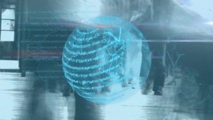 Animation of a blue globe spinning with words floating and data processing over people walking - Powered by Adobe