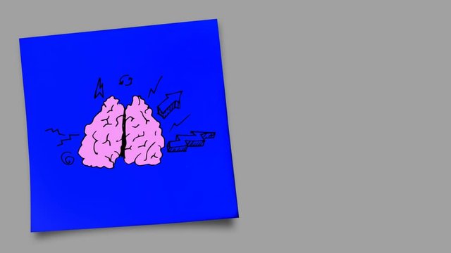 Animation of a human brain drawing with multiple arrows on a blue post-it