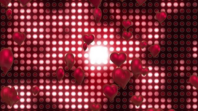 Animation of floating shiny red hearts rising on a red background