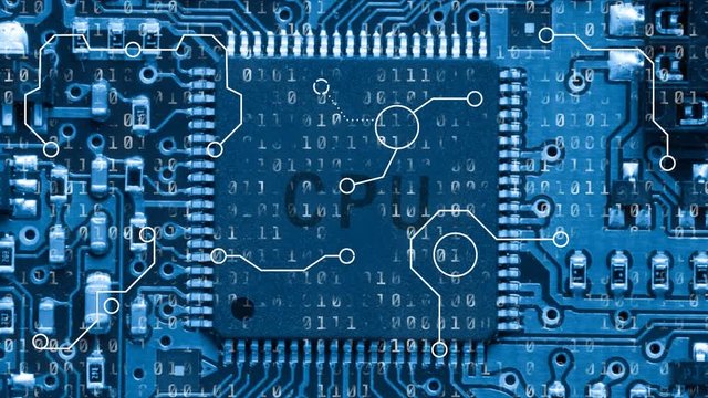Animation of a white circle flashing over a blue microprocessor with a word CPU