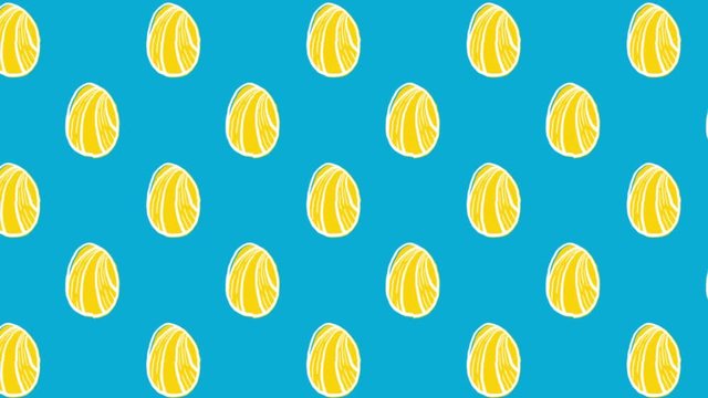Animation of yellow patterned Easter eggs moving in rows on blue background