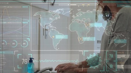 Animation of a world map with data and statistics over woman washing hands - Powered by Adobe