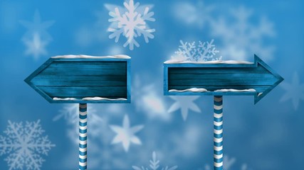 Animation of white snowflakes falling with two arrow direction signs pointing in opposite directions - Powered by Adobe