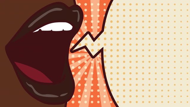 Animation of a cartoon mouth of an woman with a speech bubble on a pink background