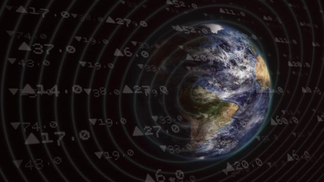 Animation of numbers with arrows by them floating over a globe spinning