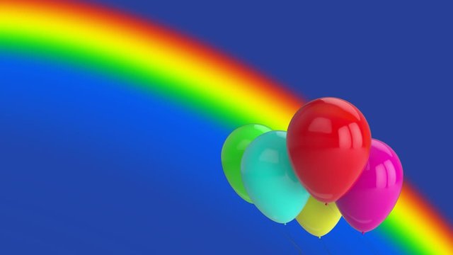 Animation of blue, green, yellow, pink and red balloons on a rainbow background