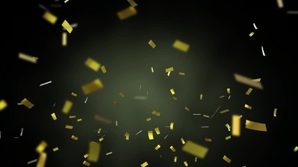 Animation of golden confetti falling down on black background - Powered by Adobe