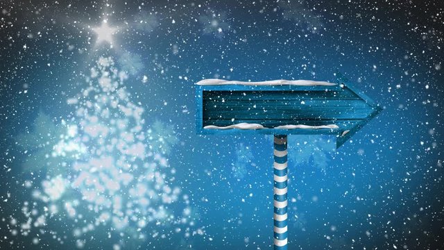 Animation of a Christmas tree shape of lights with an arrow direction sign and snow falling