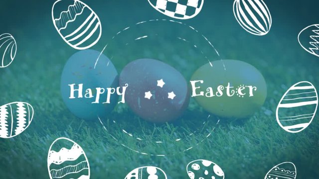 Animation of the words Happy Easter and egg shapes moving over three colored eggs Easter eggs