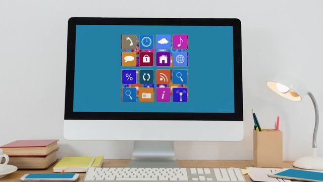 Animation of a laptop screen showing a colored icons cube rotating