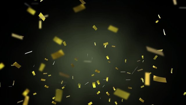 Animation of golden confetti falling down on black background