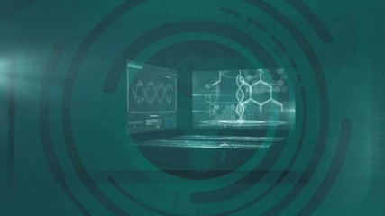 Animation of screens showing strands of DNA and scientist symbols over the world map - Powered by Adobe