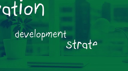 Animation of multiple words in white letters written on a green office background - Powered by Adobe