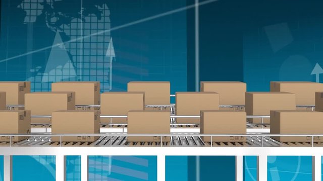 Animation of several cardboard boxes on a conveyor belt with several arrows pointing upwards on a bl