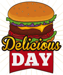 Delicious Hamburger with Greeting Sign and Ribbon for Cheeseburger Day, Vector Illustration