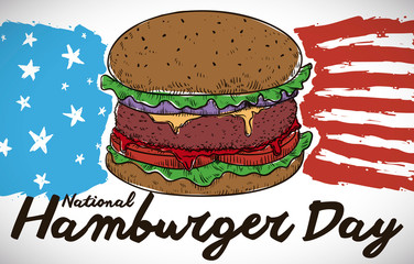 Patriotic Design with Cheeseburger Draw to Celebrate National Hamburger Day, Vector Illustration