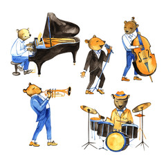 Watercolor illustration of cute bears with musical instruments. Woodland jazz band. © Natali_Mias