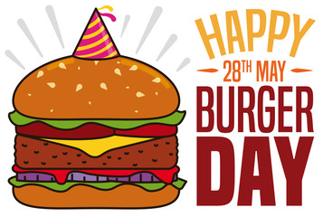 Burger with Party Hat ready to Celebrate its Day, Vector Illustration