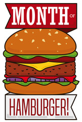 Delicious Burger with Greeting Ribbon for Hamburger Month Celebration, Vector Illustration