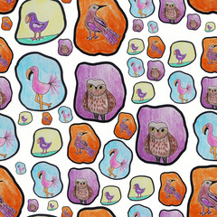 Cute bird watercolor pattern on beige background. Colorful birdie chick and birdhouse. Spring easter seamless pattern tile. Scandinavian ornament for kid birthday wrapping paper. Love bird wallpaper