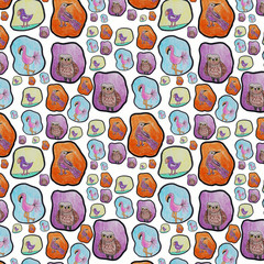 Cute bird watercolor pattern on beige background. Colorful birdie chick and birdhouse. Spring easter seamless pattern tile. Scandinavian ornament for kid birthday wrapping paper. Love bird wallpaper