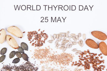 Nutritious ingredients and inscription World Thyroid Day 25 May. Healthy food containing vitamins. Problems with thyroid concept