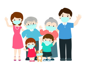 Big family wearing surgical mask to prevent vector.