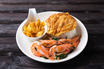 Stir fried Spicy Prawn , Thai Holy Basil With  Steamed Rice And Fried egg