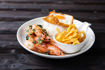 Stir fried Spicy Prawn , Thai Holy Basil With  Steamed Rice And Fried egg