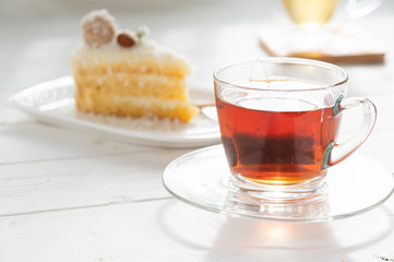Slice Of Coconut Cake With Afternoon Tea