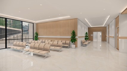 3d rendering. Interior hospital modern design . Counter and Waiting area  Empty Reception Medical practice concept.4k