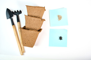 Tools, seeds, peat pots and pressed ground for seedlings. Copyspace for text, top view. Growing food on windowsill. Flatlay on white wooden background
