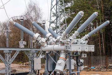 High-voltage substation with power lines,  switches and disconnectors