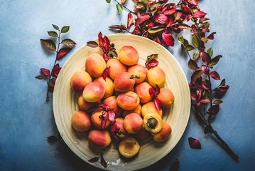 ripe apricots on a wooden plate on a blue background still life